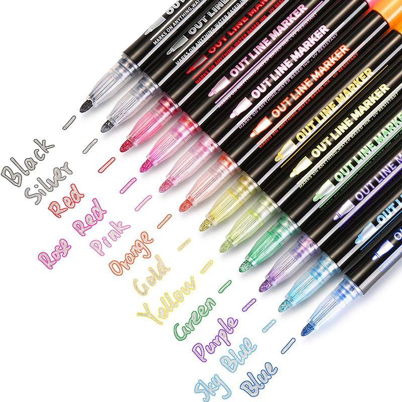 Outline Metallic Marker Pens 12 Colors Double Line Outline Pens, Self-Outline Metallic Markers, Perfect for Birthday Greeting, Drawing, Scrapbooks, Posters, Rock Paintings, DIY Art Crafts